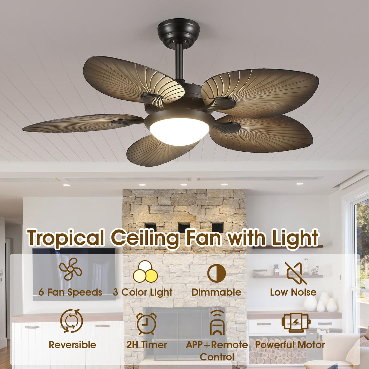 Wiviniya Tropical Ceiling Fans with Lights, 44 Inch Indoor Outdoor Palm Leaf Ceiling Fan for Patios Porch Bedroom, Remote/APP Control, Dimmable, 6 Speeds, Reversible, Wood Grain Wiviniya
