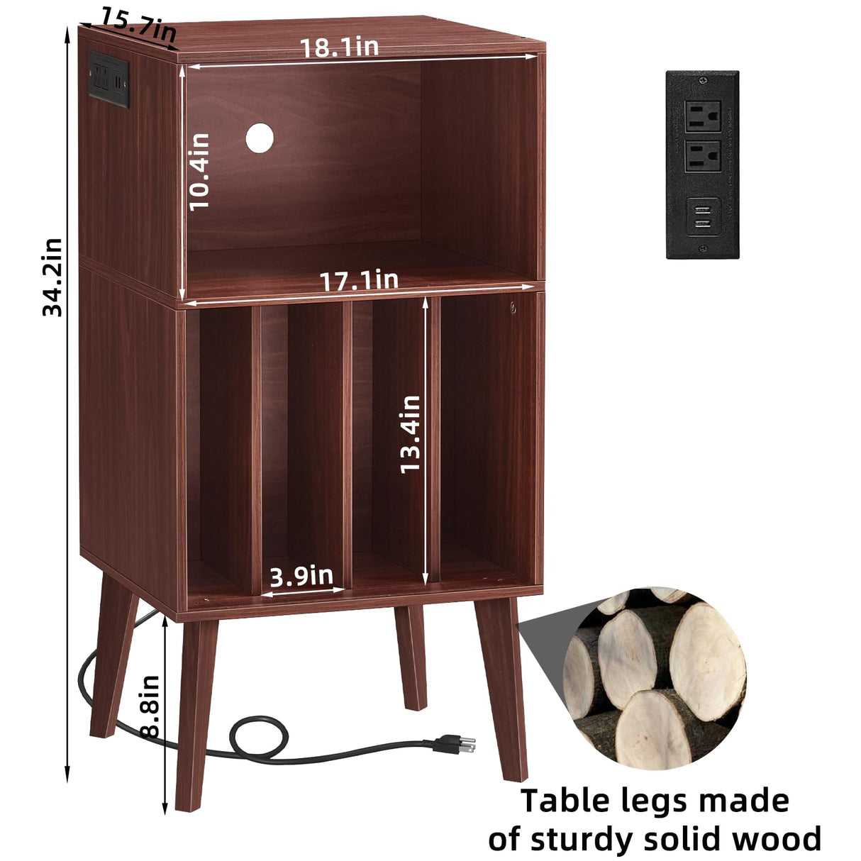 Lerliuo Record Player Stand with Charging Station, Walnut Turntable Stand Holds up to 160 Albums, Mid-Century Vinyl Storage Cabinet Table with Wood Legs, Record Holder Dispaly Shelf for Living Room Lerliuo