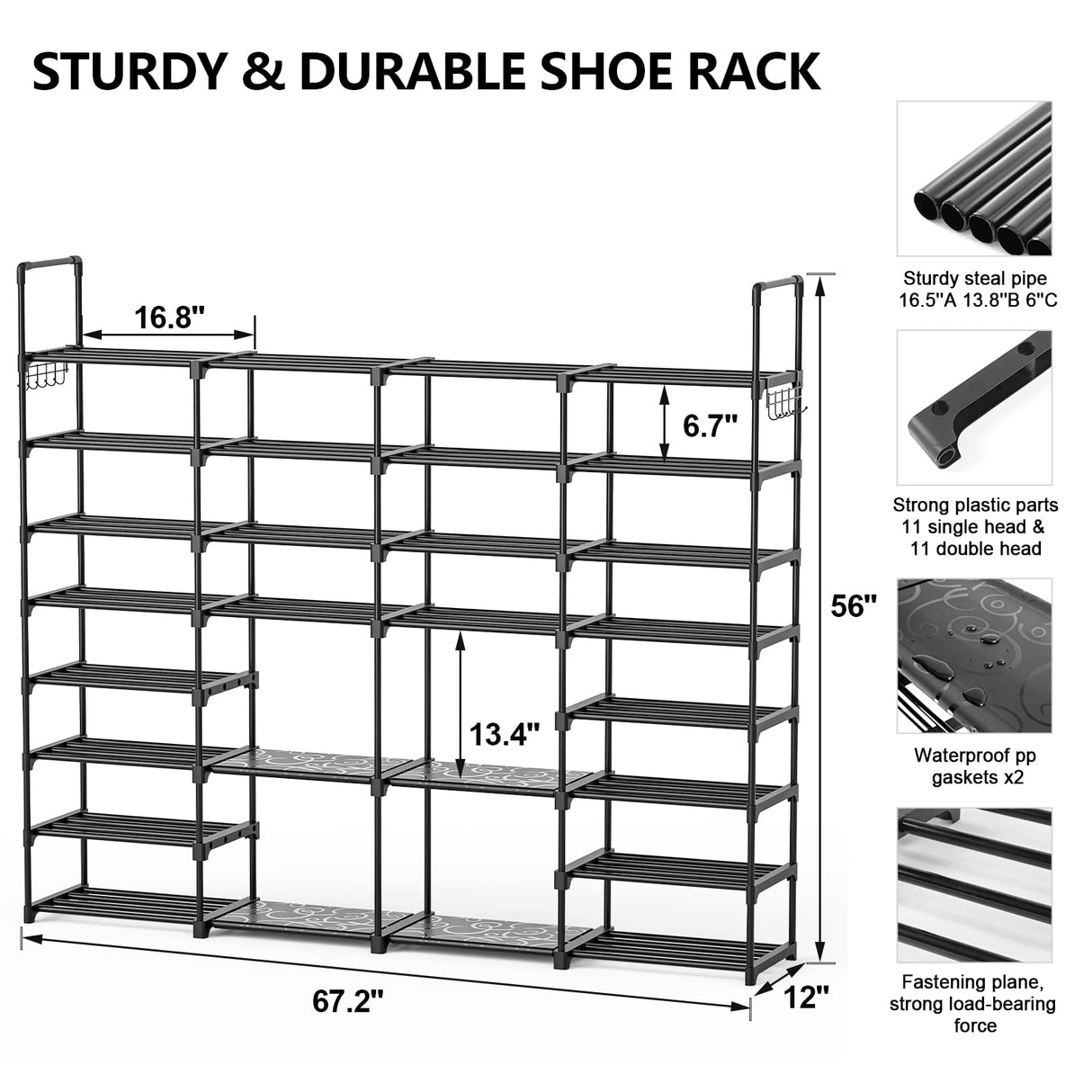 Mavivegue Extra Large Shoe Rack, 8 Tier 4 Rows 72-76 Pairs Big Tall Metal Shoe Shelf,Big Boot Rack Storage Organizer for Garage,Show Rack Shoe Holder Stand,Closet Rack Organizers and Storage Mavivegue