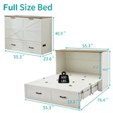 Tltaroni Murphy Bed Full Size Cabinet with Drawer Hidden Beds with Charging Station, Farmhouse Wood Space-Saving Hidden Folding Chest Cabinet Bed for Bedroom, Office, School，Rustic White Tltaroni