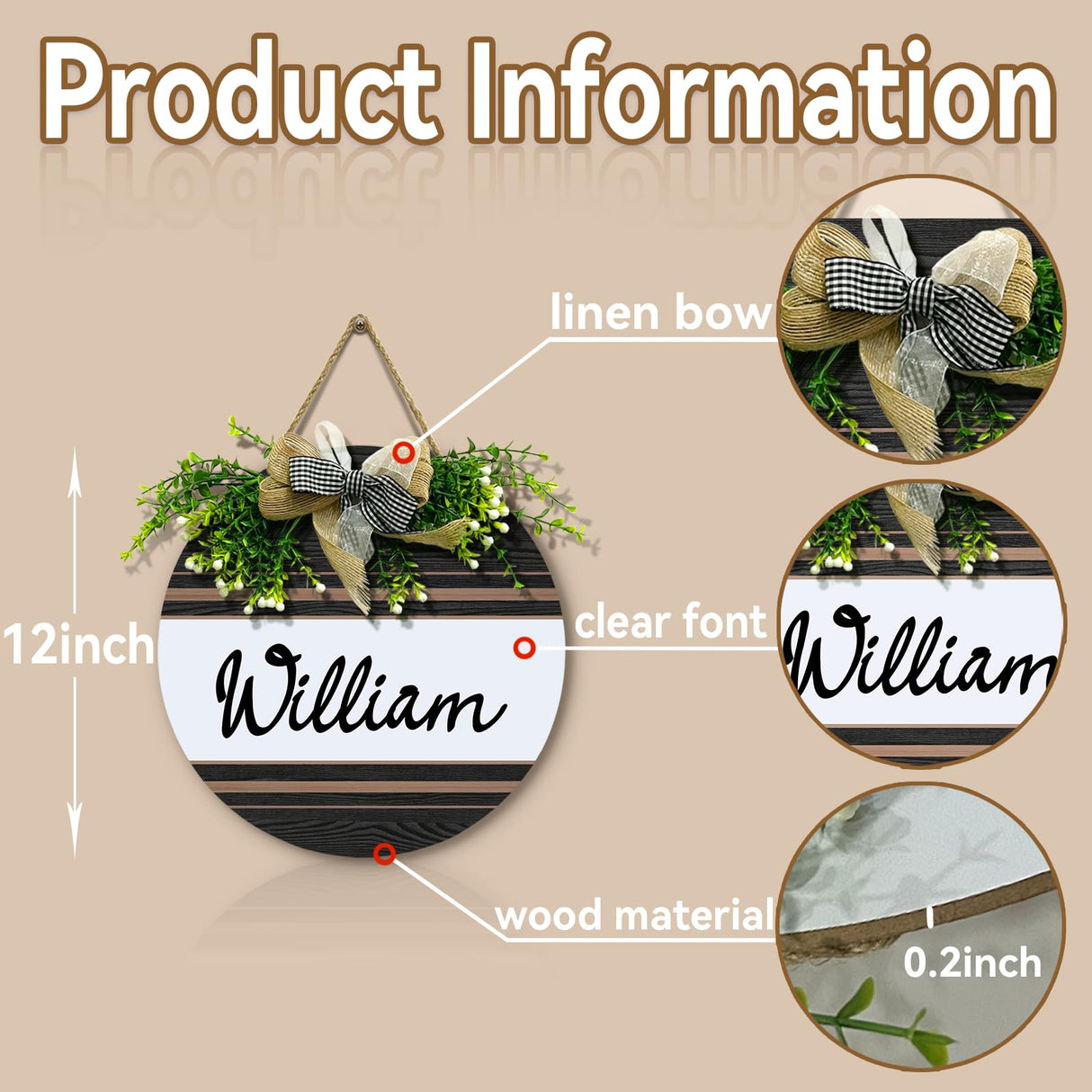 Dacawin Personalized Front Door Signs with Wreath Custom Rustic Family Name Round Wooden Sign with Bow Welcome Farmhouse Customized Hello Door Hanging Sign for Home Wall Outdoor Indoor 12x12 Inch Dacawin