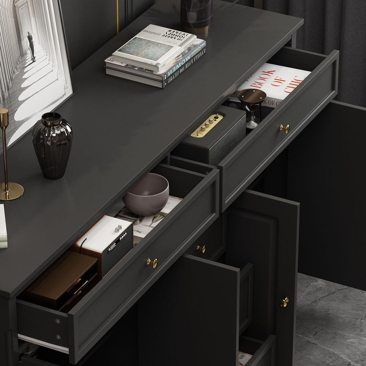 MOUMON Sideboard Credenza with Doors and Shelves, Credenza Sideboard Buffet with Drawers, Buffet Table Home Bar Cabinet for Kitchen Living Room Black (59.1”W x 15.7”D x 33.5”H) MOUMON