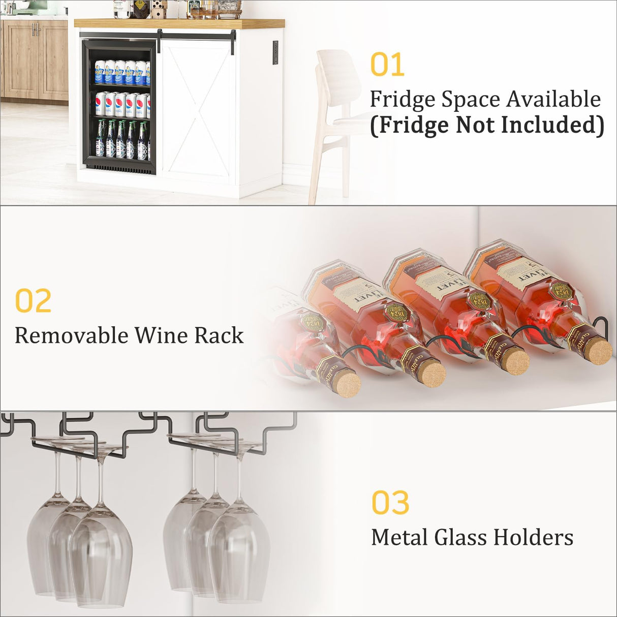 JassmiPkwy Coffee Bar Cabinet with Fridge Space, Farmhouse Wine Cabinet with Rack, Power Outlet for Kitchen Dining Room Living Room, White JassmiPkwy