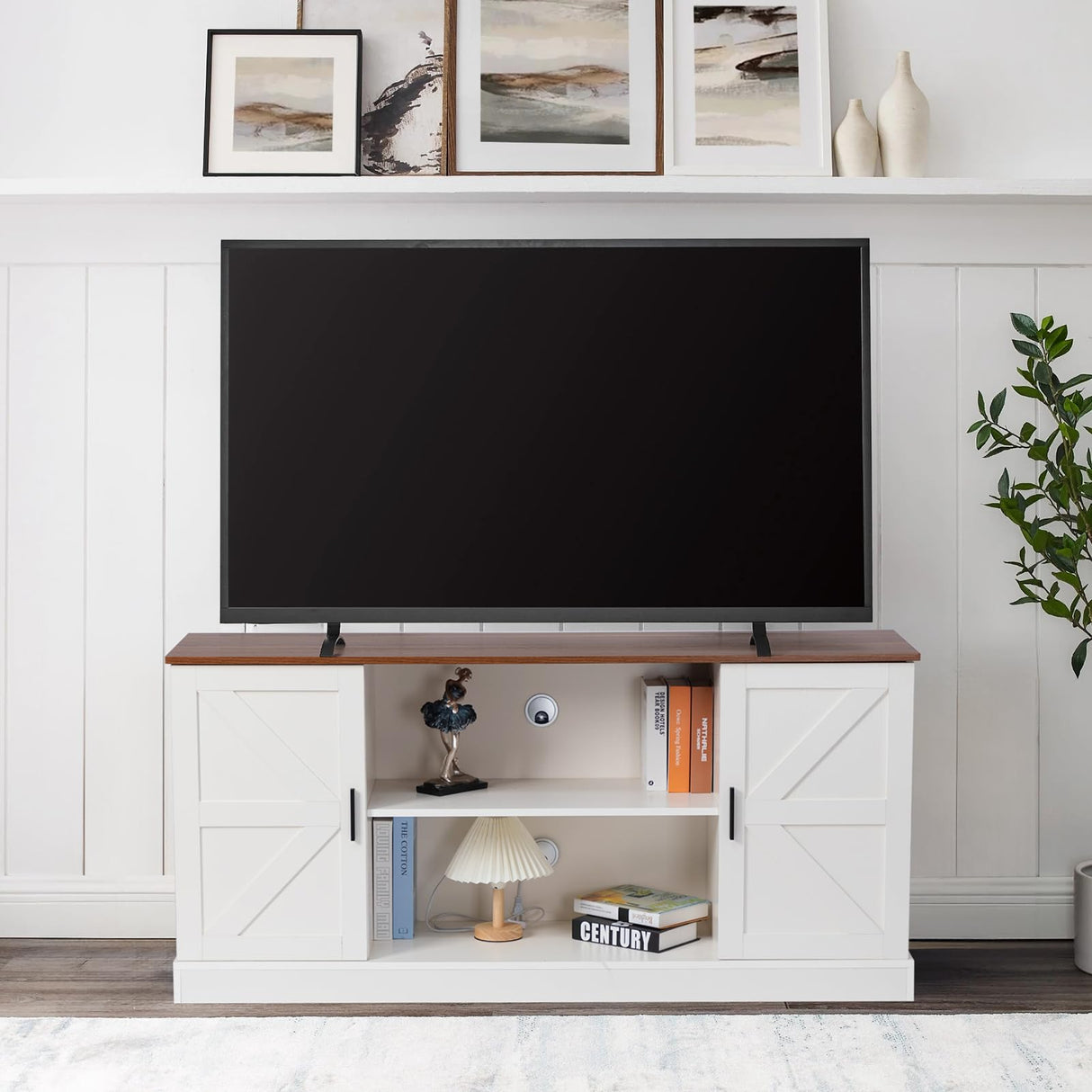 HollyHOME TV Stand for TVs up to 65”, Wood Entertainment Center with Adjustable Storage Shelves, Media TV Console Table for Living Room and Bedroom, White HollyHOME