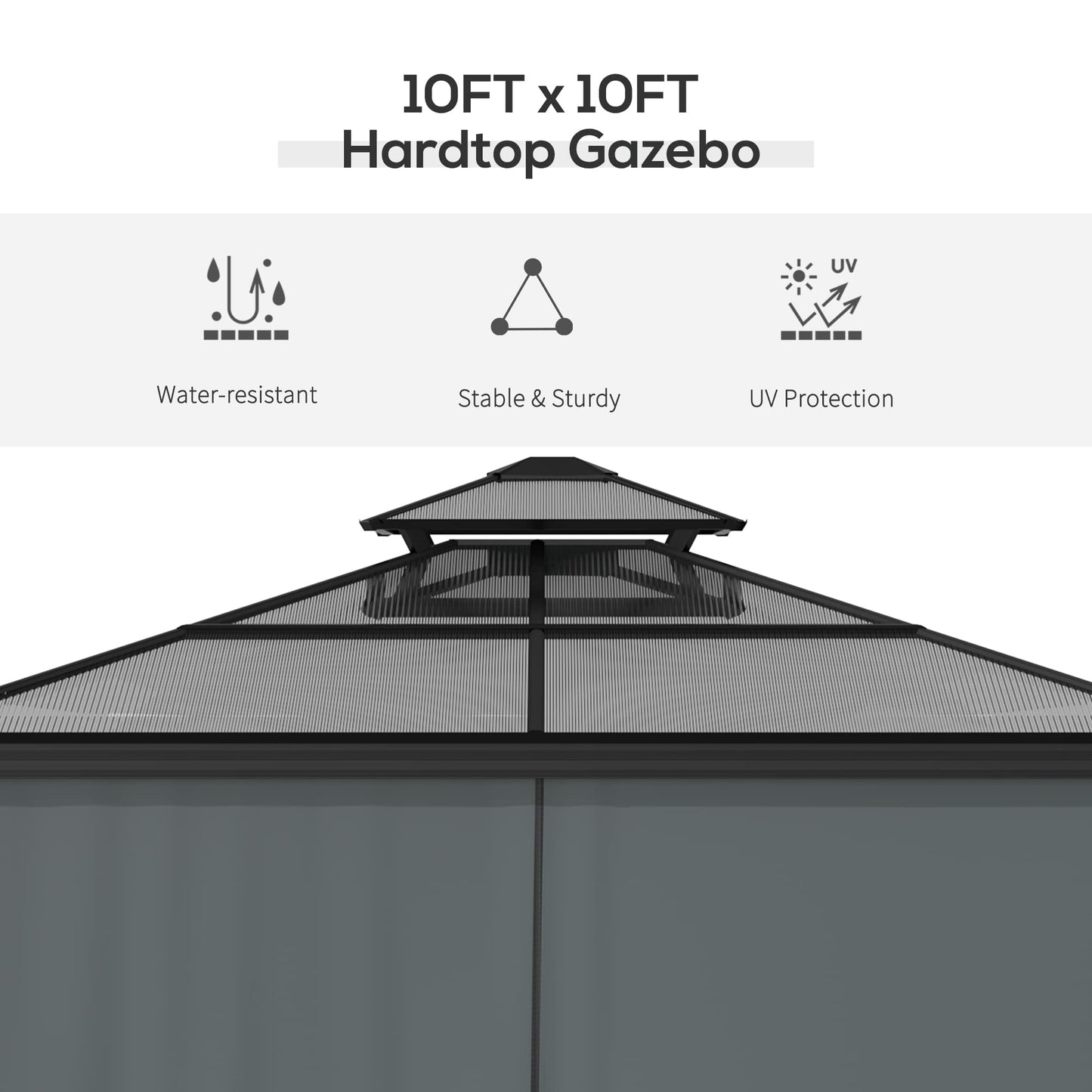 Outsunny 10' x 10' Hardtop Gazebo Canopy with Polycarbonate Roof, Aluminum Frame, Permanent Pavilion Outdoor Gazebo with Netting, for Patio, Garden, Backyard, Deck, Lawn, Black