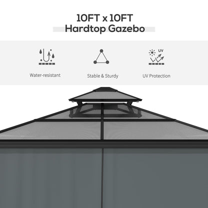 Outsunny 10' x 10' Hardtop Gazebo Canopy with Polycarbonate Roof, Aluminum Frame, Permanent Pavilion Outdoor Gazebo with Netting, for Patio, Garden, Backyard, Deck, Lawn, Black