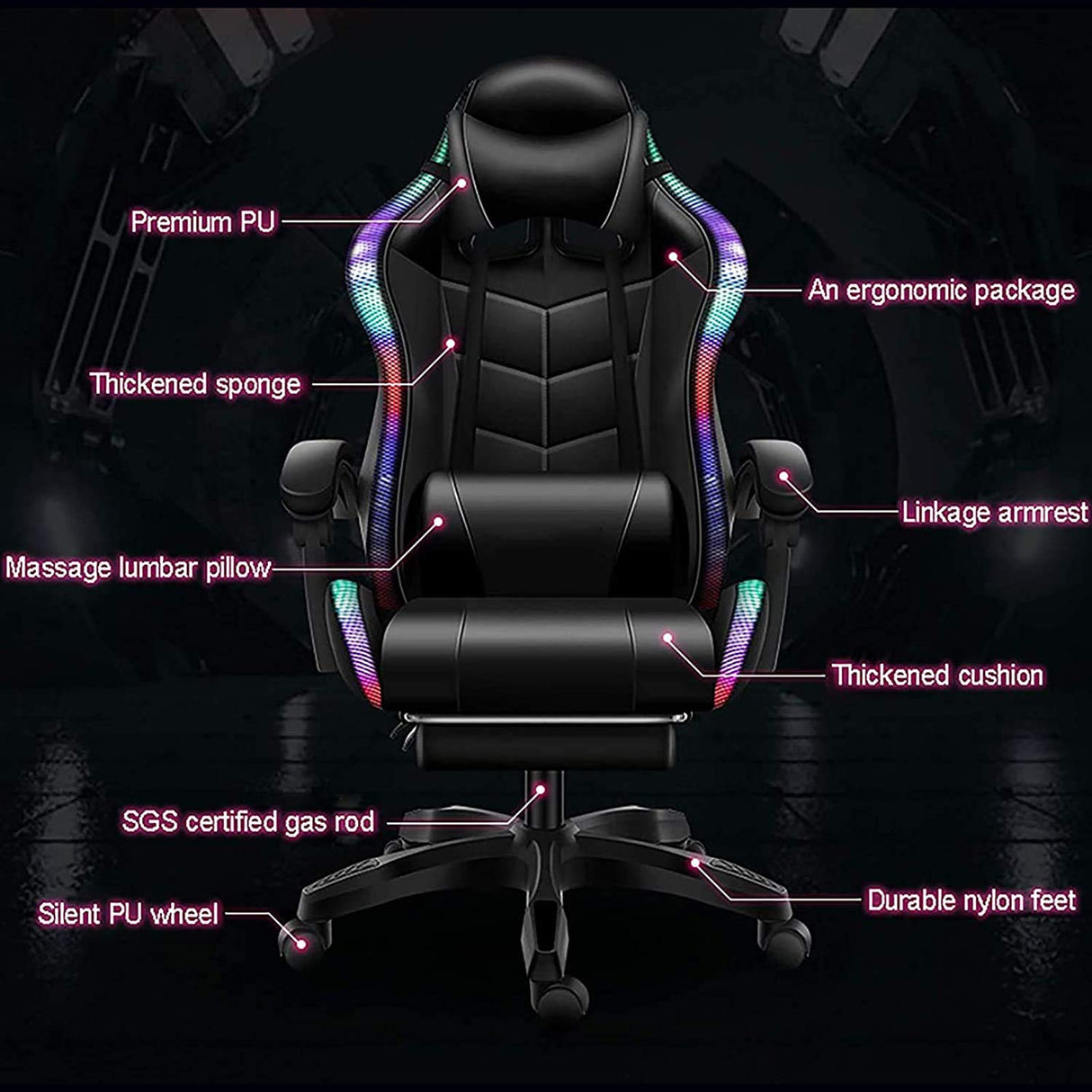 Gaming Chair with Bluetooth Speakers, Video Game Chairs Gaming Lights- Ergonomic Massage Gaming Chair Full Massage Lumbar Support Adjustment of Backrest Dual Gaming Chair… WLYMQFC