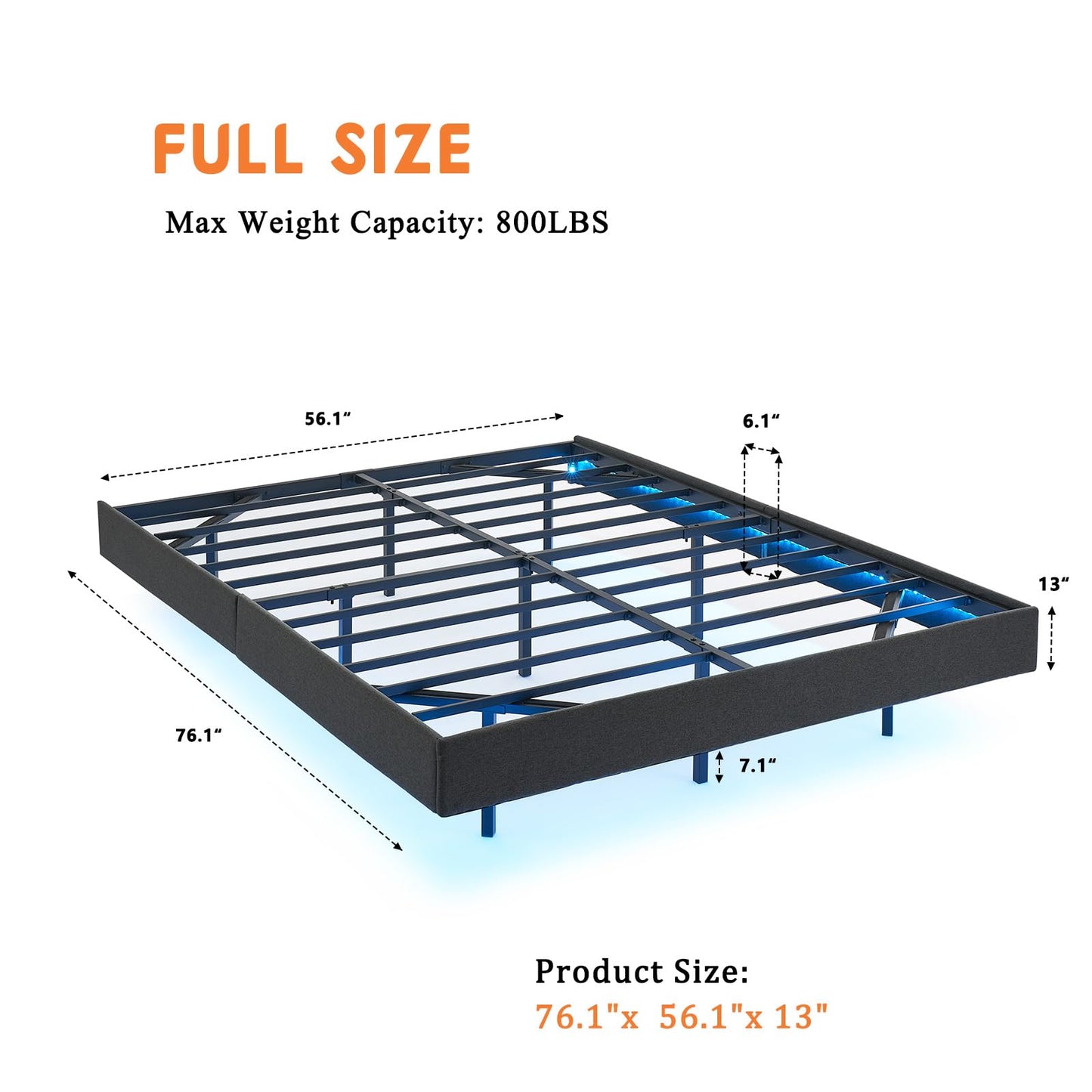 ELETHEBIA Modern Floating Full Bed Frame with LED Lights – Upholstered Platform, No Box Spring Required, Easy Assembly in Gray - WoodArtSupply