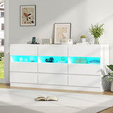 Loomie 9 Drawer Triple Dresser with Charging Station & Led Lights for Bedroom,Long 63" White Dresser TV Stand for TVs up to 75",Wide Large Drawer Dressers Organizer with 3 Open Cubbies for Hallway Loomie