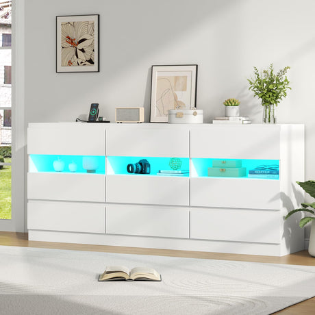 Loomie 9 Drawer Triple Dresser with Charging Station & Led Lights for Bedroom,Long 63" White Dresser TV Stand for TVs up to 75",Wide Large Drawer Dressers Organizer with 3 Open Cubbies for Hallway Loomie