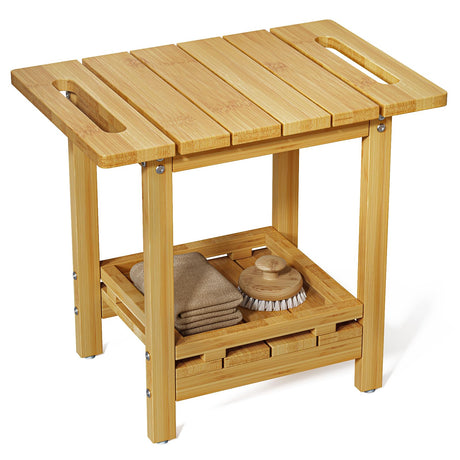 Highpro Bamboo Shower Bench, Shower Benches for Inside Shower with Storage Shelf for Shaving Legs Spa Bathroom, Waterproof Wood Shower Stool Seat Chair for Adults Seniors Women, Non-Slip and Handles Highpro