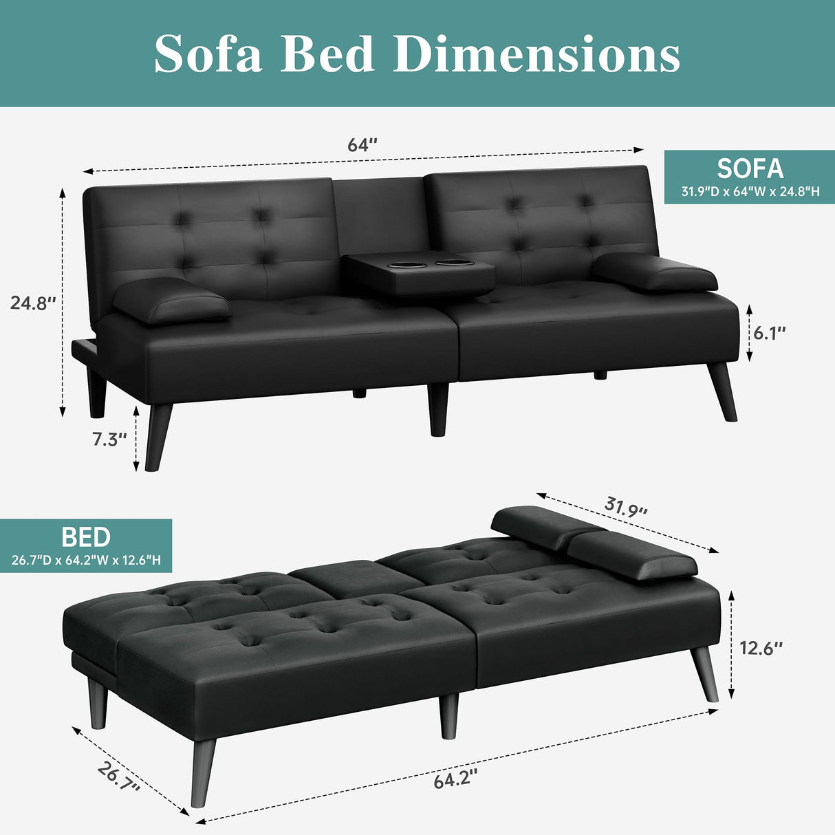 Meilocar Convertible Futon Sofa Bed Couch, Modern Folding Futon Set, Adjustable Recliner Sofa Bed for Living Room, 2 Cup Holders, Removable Armrest, 3 Angles (PU Leather, Black) Meilocar