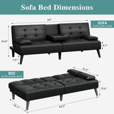 Meilocar Convertible Futon Sofa Bed Couch, Modern Folding Futon Set, Adjustable Recliner Sofa Bed for Living Room, 2 Cup Holders, Removable Armrest, 3 Angles (PU Leather, Black) Meilocar