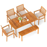 Tangkula 6 Pieces Outdoor Acacia Wood Dining Set, Rectangle Patio Dining Table with Umbrella Hole and 4 Cushioned Chairs and Bench, for Backyard Garden Poolside Deck Tangkula