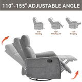 Curtainboro Swivel Rocker Recliner Chair with Heat and Massage, 360° Swivel Recliner Upholstered Fabric Nursery Glider with Side Pocket for Living Room, Bedroom, Home Theater Grey Curtainboro