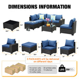 JOYURE 7 Pieces Patio Furniture Set All-Weather Outdoor Wicker Sectional Conversation Sofa Rattan Patio Seating Sofa with Cushion and Glass Table and Ottoman for Porch Poolside,Navy JOYURE