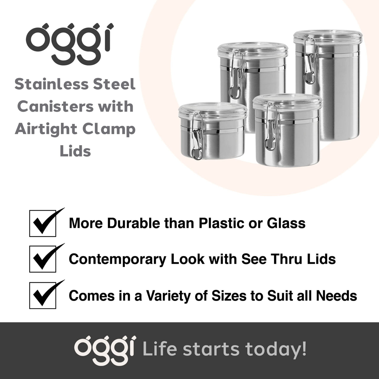 Oggi Set of 4 Stainless Steel Kitchen Canisters - Airtight Clamp Lid, Clear See-Thru Top - Ideal for Kitchen Storage, Food Storage, Pantry Storage - Includes 1 each: 26oz, 36oz, 47oz, 62oz. Oggi