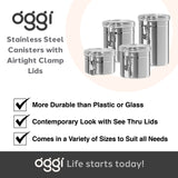 Oggi Set of 4 Stainless Steel Kitchen Canisters - Airtight Clamp Lid, Clear See-Thru Top - Ideal for Kitchen Storage, Food Storage, Pantry Storage - Includes 1 each: 26oz, 36oz, 47oz, 62oz. Oggi