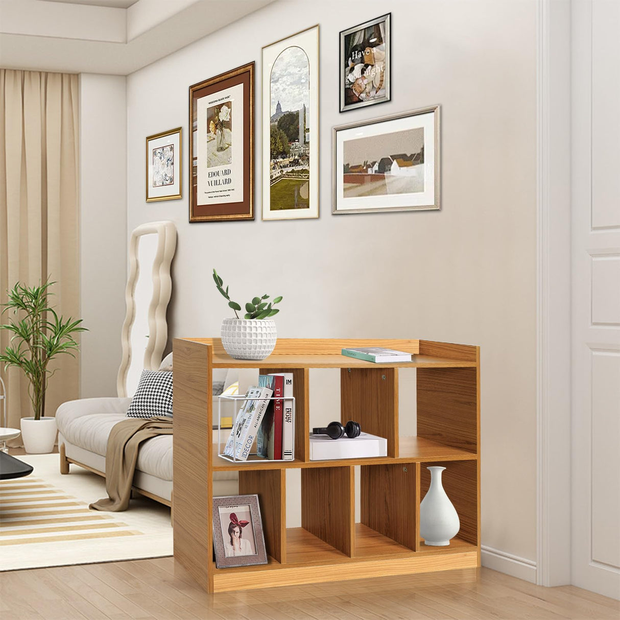 DOUSY- 35.43” Wodden Cube Shelf, 2 Tier Open Shelf Bookcases 7 Cube Bookshelf with Base, Freestanding Cube Storage Shelf Cube Bookcase Display Shelf for Bedroom, Living Room, Home Office DOUSY