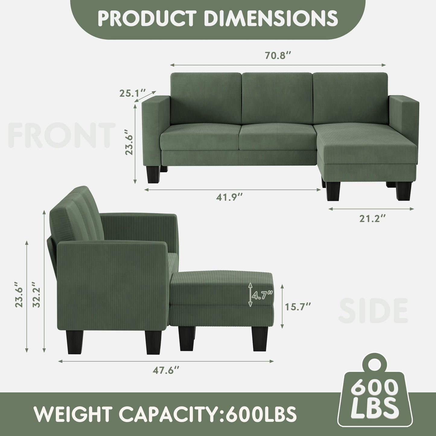 YESHOMY L-Shaped Convertible Sectional Sofa 3 Seater with Corduroy Fabric, Complete with Mobile Footrest, for Living Room, Apartment and Office, 70", Green