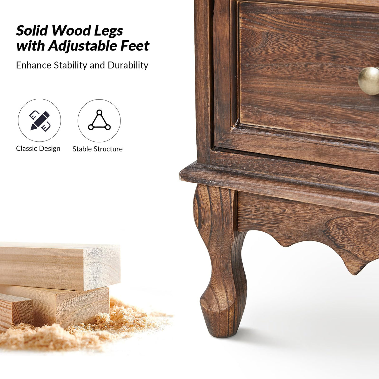 HULALA HOME 3-Drawer Nightstand with Charging Station, Drawer Organizer with Wood Legs, Farmhouse Solid Wood Nightstand(Walnut) HULALA HOME