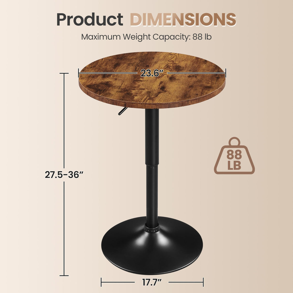 Yaheetech Round Pub Table Height Adjustable with 360 Swivel MDF Tabletop for Dining Bistro Cafe Home Bar, Rustic Brown Yaheetech