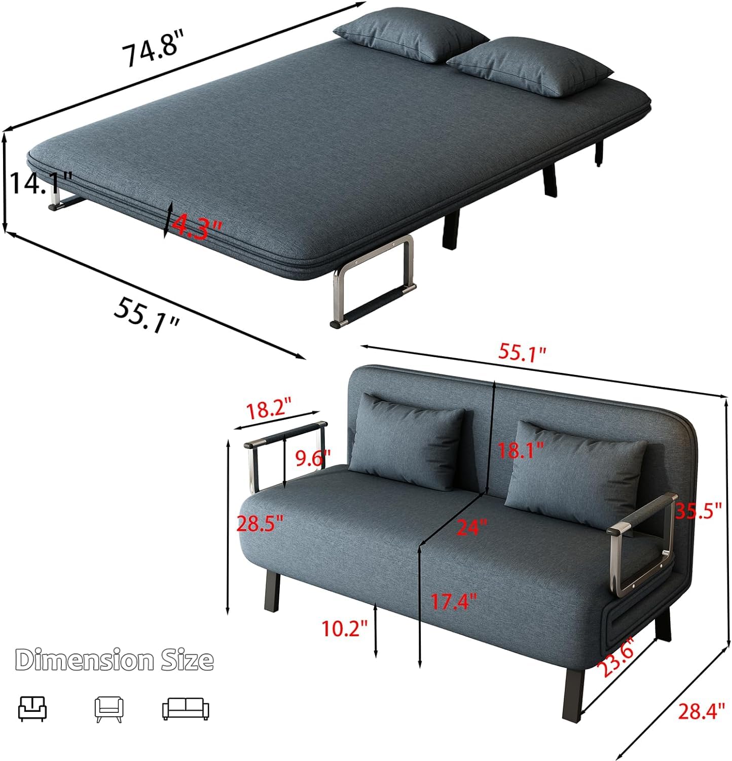 Convertible Sleeper Sofa, 55″ Tri-Folding Queen Sofa Bed with Adjustable Backrest, Velvet Comfy Loveseat Sleeper, Sleeper Sofa Bed for Adults, Modern Futon Sofa Bed for Bedroom Living Room (55in)