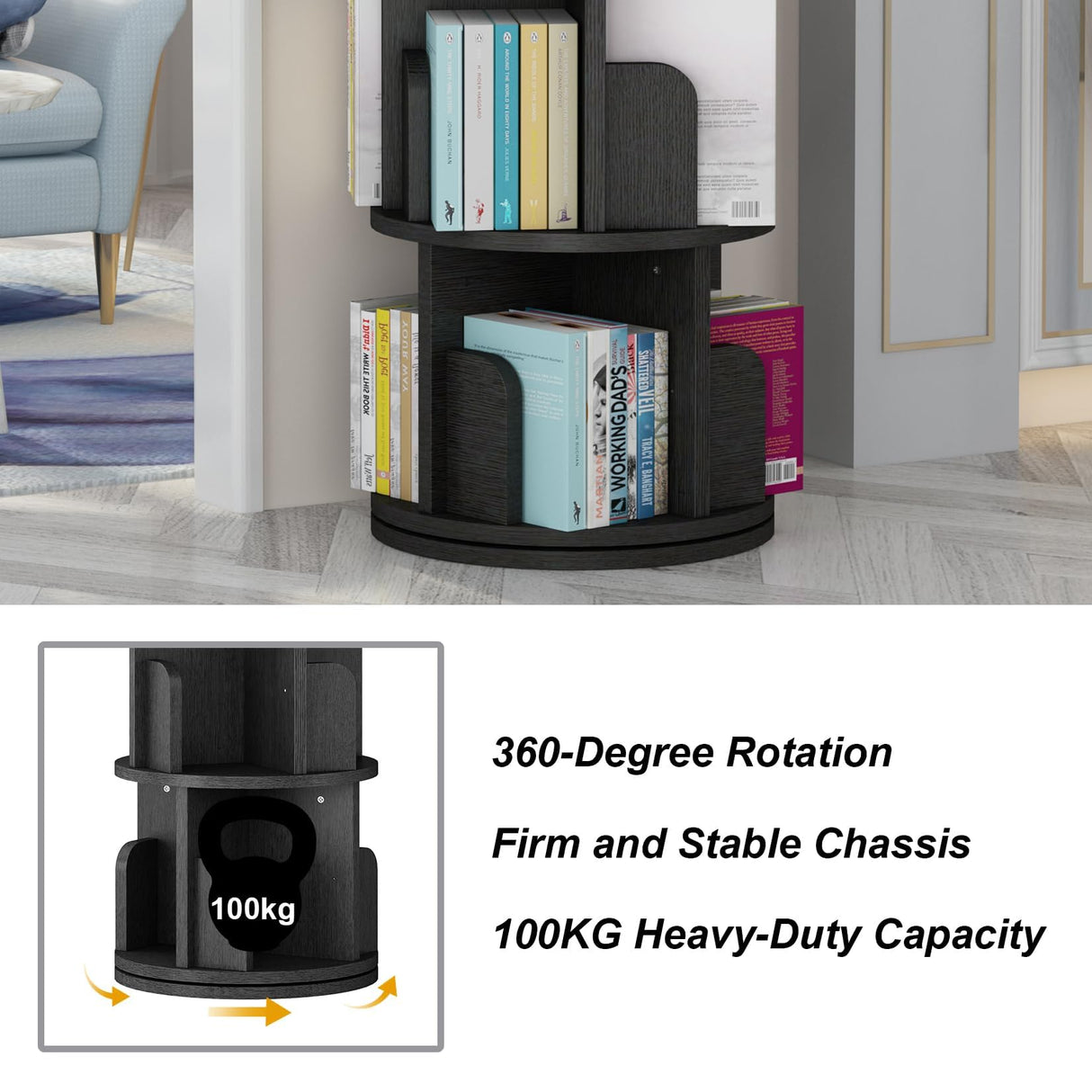 Garvee Rotating Bookshelf, 4-Tier Bookcase Storage Rack for Kids & Adults, Corner Spinning Book Shelf for Small Space, Wood Revolving Bookcase Organizer for Bedroom, Living Room, Black Garvee