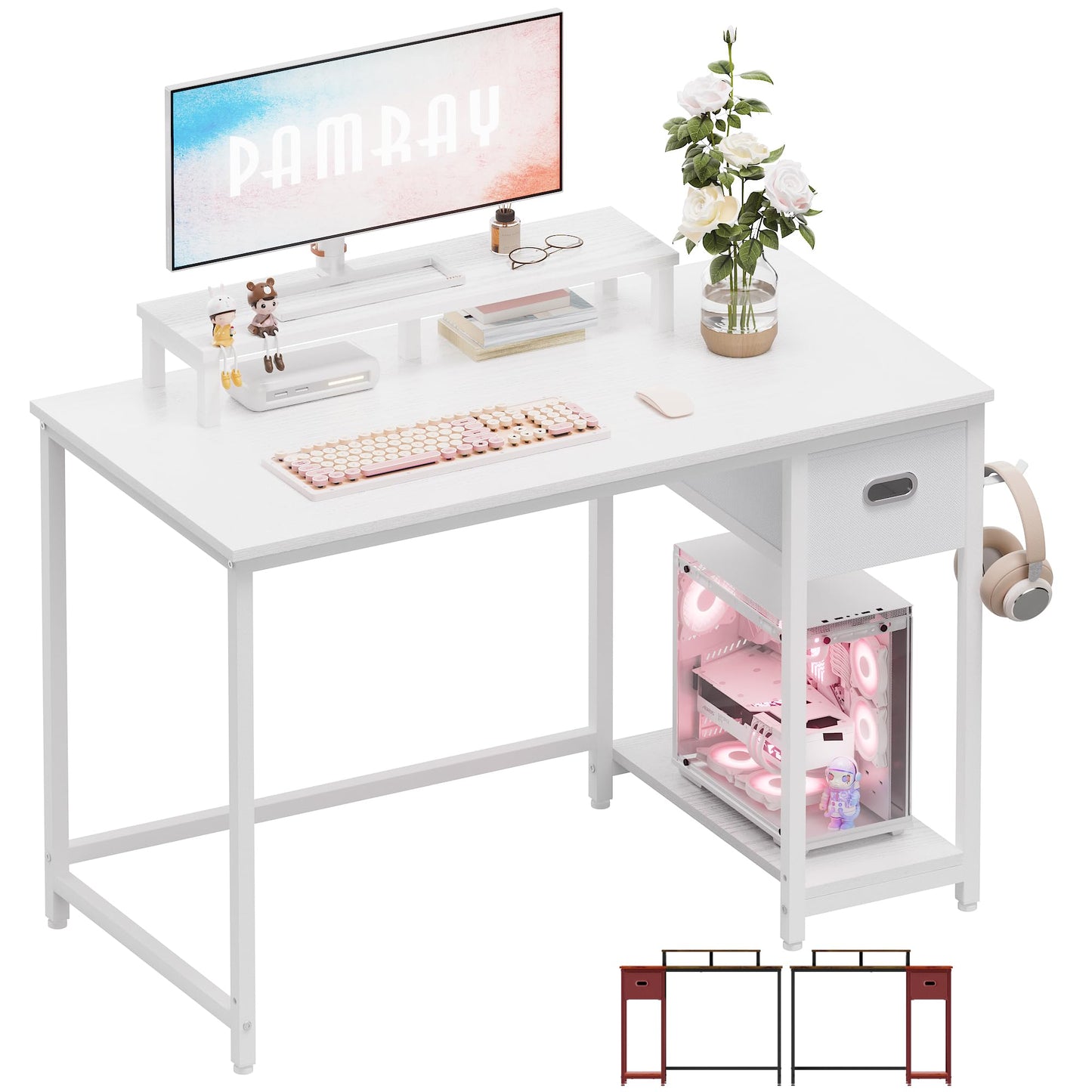 Pamray 39 Inch Computer Desk with Monitor Stand Small Home Office Desks with Non-Woven Storage Drawer for Bedroom Study Table Writing and Work Desk White,White Leg - WoodArtSupply