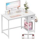 Pamray 39 Inch Computer Desk with Monitor Stand Small Home Office Desks with Non-Woven Storage Drawer for Bedroom Study Table Writing and Work Desk White,White Leg Pamray