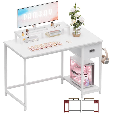 Pamray 39 Inch Computer Desk with Monitor Stand Small Home Office Desks with Non-Woven Storage Drawer for Bedroom Study Table Writing and Work Desk White,White Leg Pamray