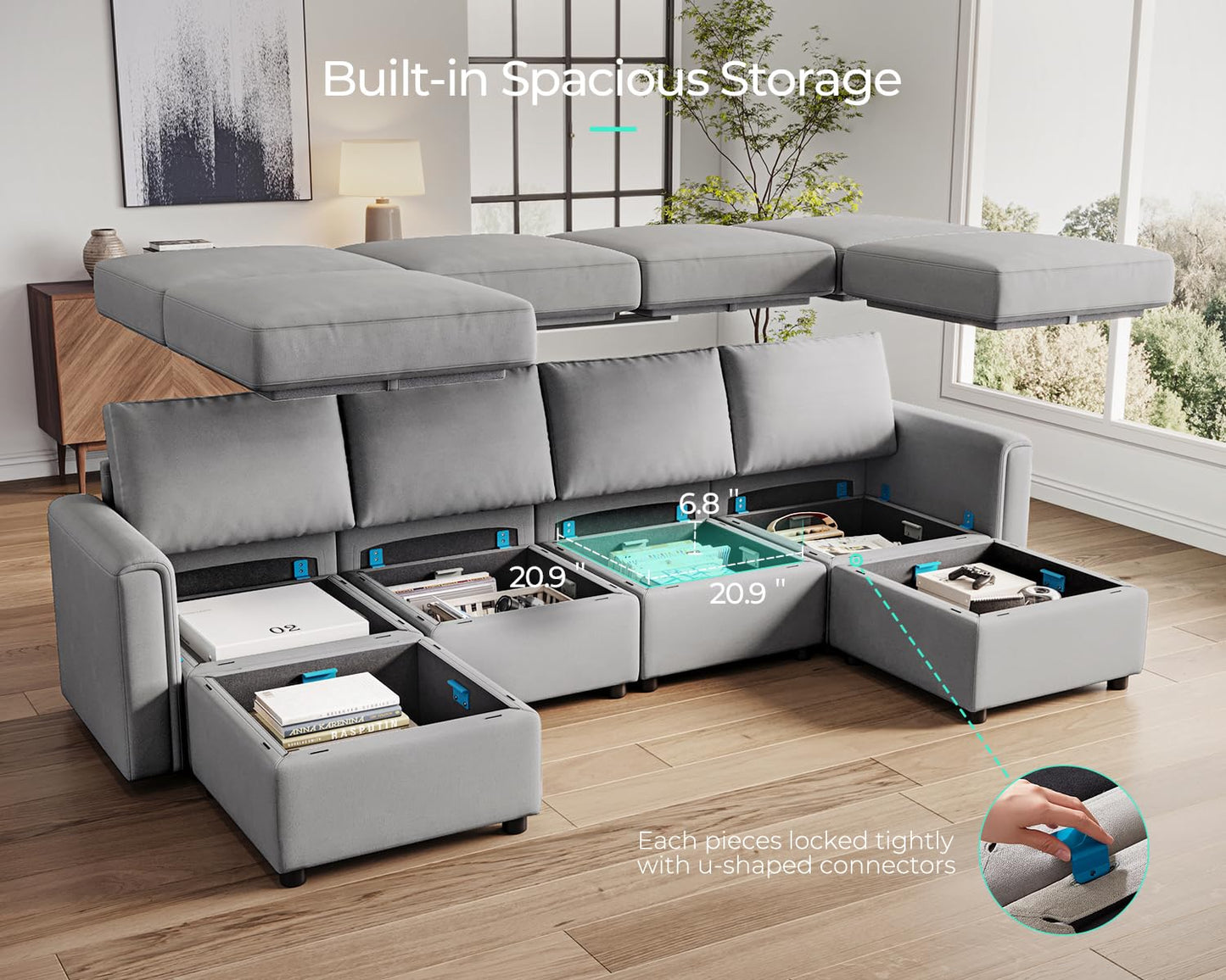 LINSY HOME Modular Sectional Sofa, Convertible U Shaped Sofa Couch with Storage, Memory Foam, Modular Sectionals with Ottomans, 6 Seat Sofa Set with Chaise for Living Room, Grey