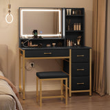 Rolanstar Vanity Desk with Mirror and Lights, Makeup Vanity with Upholstered Vanity Stool, 4 Drawers, Power Outlets, Vanity Set with 4 Compartments for Bedroom Black and Gold Rolanstar