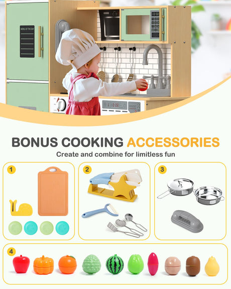 Babytronic Wooden Kitchen Playset for Kids, Interactive Play Kitchen with Lights & Sounds, Children Pretend Toy Kitchen Set with Faucet, Oven, Microwave, Kitchenware for Toddlers Ages 3+ (Green&Wood) Babytronic