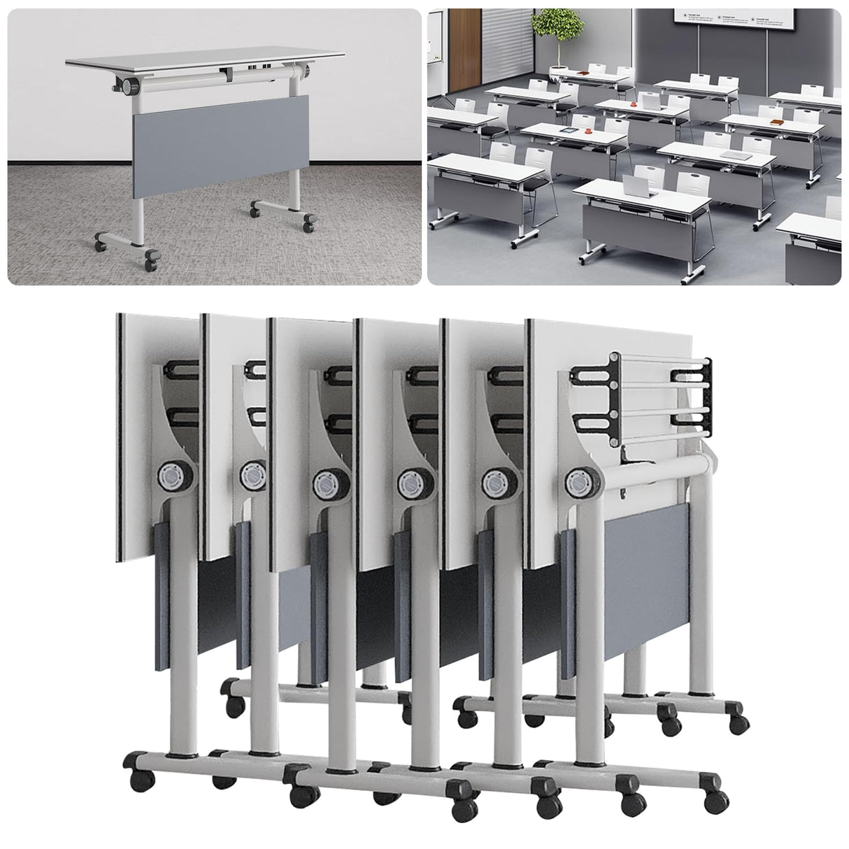 Jklmzpf Conference Table, Folding Office Conference Room Tables on Wheels, Flip Top Mobile Meeting Training Table with White Tabletop, Rectangular Classroom Seminar Tables Multifunctiona Modular Desk Jklmzpf
