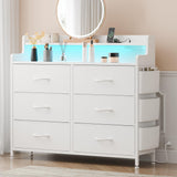 Lulive White Dresser for Bedroom 6 Drawers - Fabric Dressers for Bedroom with LED Light & Charging Station - Adults Chest of Drawers for Living Room Hallway Closet (White) Lulive