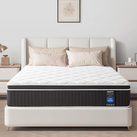 SIMARTH Full Mattress 10 Inch, Medium Firm, Memory Foam & Pocketed Coil Hybrid, Pressure Relief & Edge Support, White & Black, 54"W x 75"D x 10"H SIMARTH