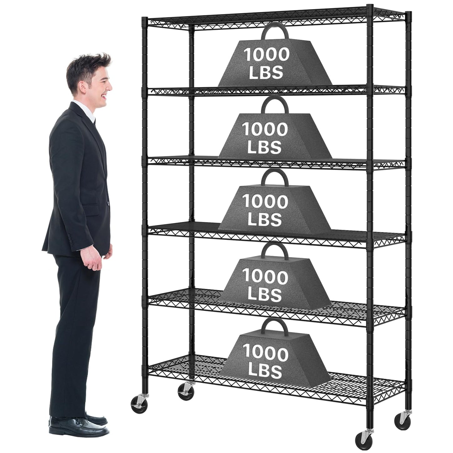 Metal Shelves Garage Shelving Wire Shelving Unit with Wheels, 6000lbs Weight Capacity Heavy Duty NSF Height Adjustable Storage Shelves 6 Tier Steel Commercial Grade Wire Rack, Black