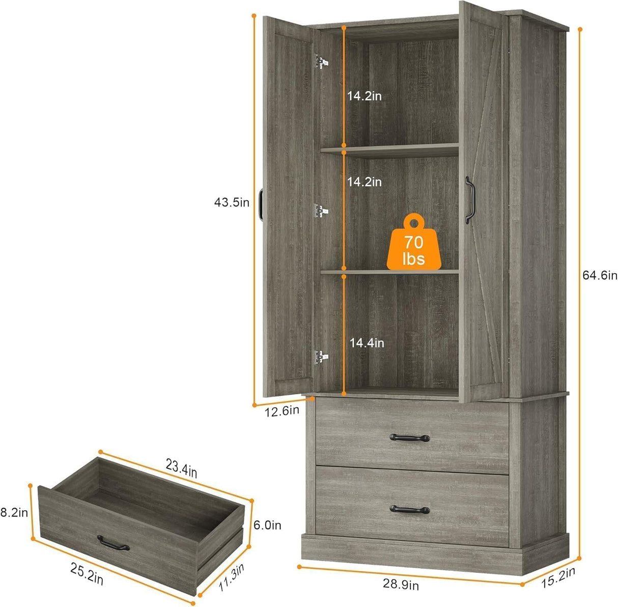 GarveeHome Kitchen Pantry Cabinet, Farmhouse Storage Cabinet with Barn Doors, Drawers and Adjustable Shelves, Versatile Storage for Kitchen, Dining Room, Grey GarveeHome