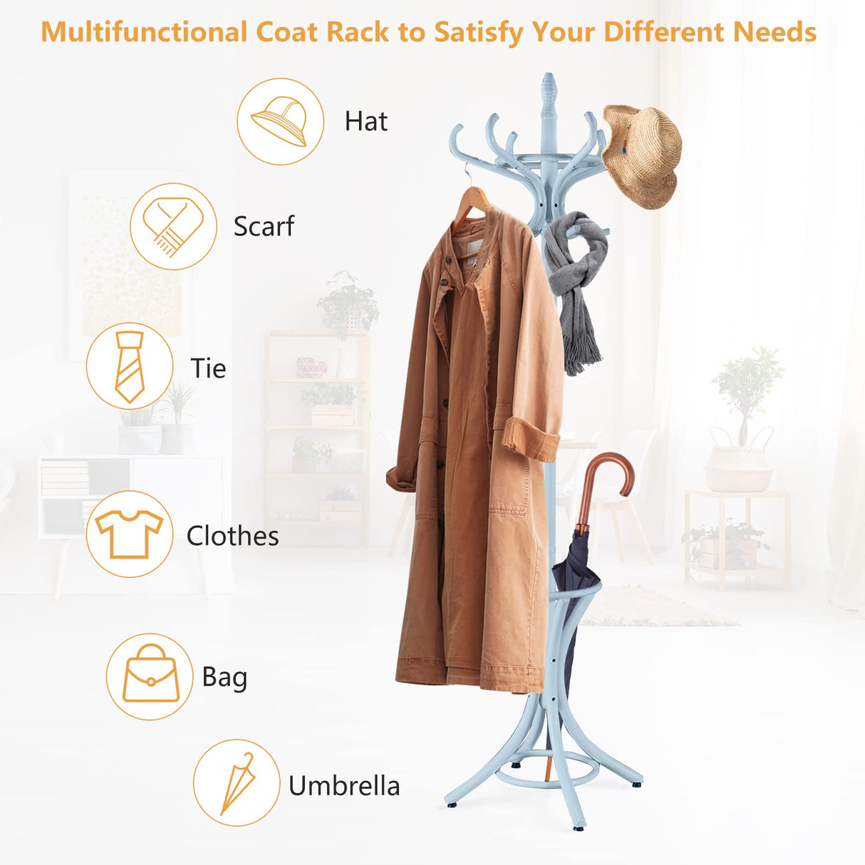 GOFLAME 73" Coat Rack Freestanding, Wooden Coat Tree with 12 Hooks and Umbrella Stand, Entryway Hall Tree, Hat Hanger Organizer, Coat Rack Stand for Coats, Hats, Scarves, Bags, Easy Assembly, Grey GOFLAME
