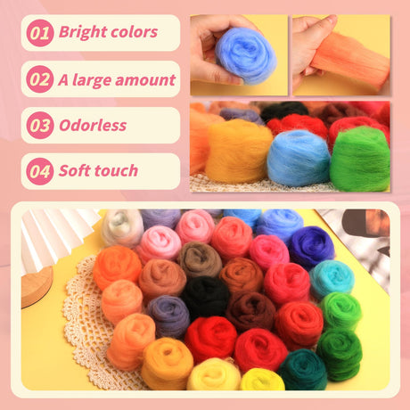JUPEAN 221 Pcs Needle Felting Kit Needle Felting Starter Kit Needle Felting Supplies Including 43 Color Wool Roving Felting Molds Foam Mat and 4 Sizes Felting Needles for DIY Craft Project JUPEAN