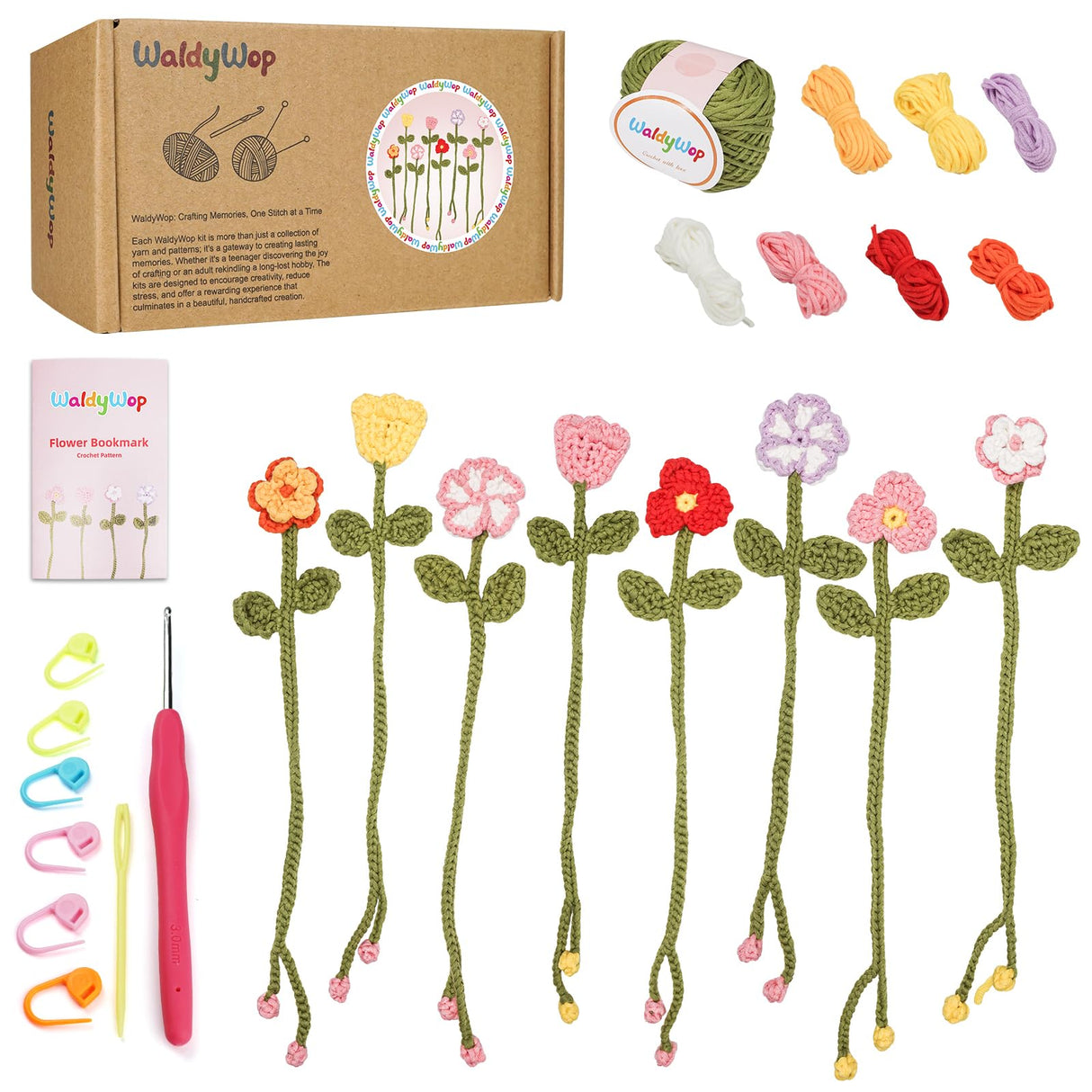WaldyWop Crochet Kit for Beginners - 8 Flower Bookmarks Knitting Kit w/Step-by-Step Video Tutorials & Soft Yarn, Hook - Wobbles DIY Art Craft Kit for Adults Kids, Birthday Gifts for Women Girls Teen WaldyWop