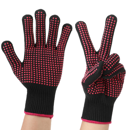 Ptwola 2 Pcs Heat Resistant Gloves with Non-Slip Silicone Bumps Professional Heat Blocking Fireproof Sublimation Gloves Mitts for Curling Wand Hot-Air Brushes Hair Styling Flat Iron