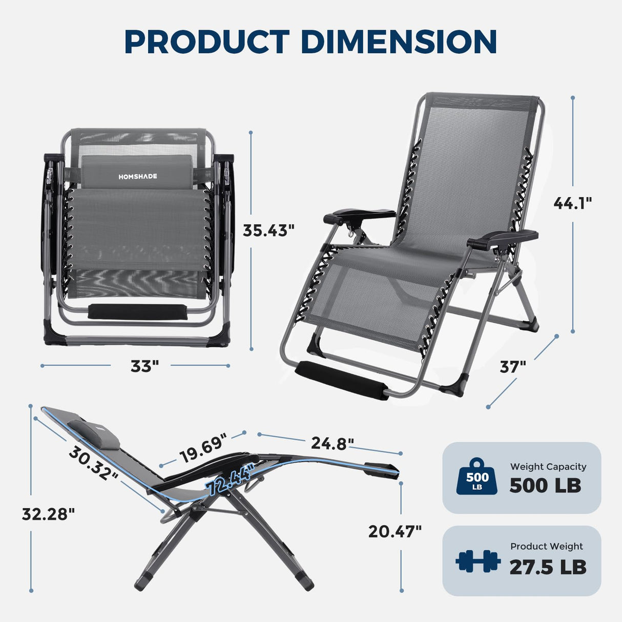 HOMSHADE XXL Zero Gravity Chair with Cushion, 33In Oversized Zero Gravity Lounge Chair, Patio Outdoor Recliner Chair for Indoor Outdoor with Headrest, Cup Holder, Footrest Support 500Lbs, Grey HOMSHADE