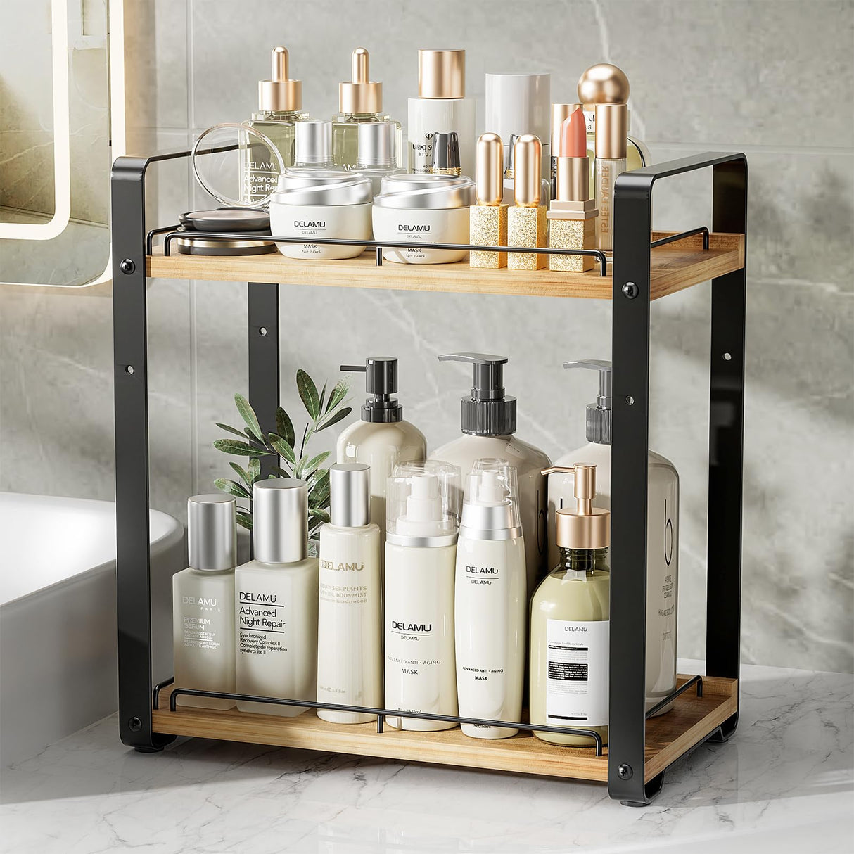 Delamu 2-Tier Bathroom Counter Organizer, Wood Vanity Organizer Countertop for Skincare & Makeup, Multi-Purpose Vanity Bathroom Shelf for Coffee Station Kitchen Storage and Organization Delamu