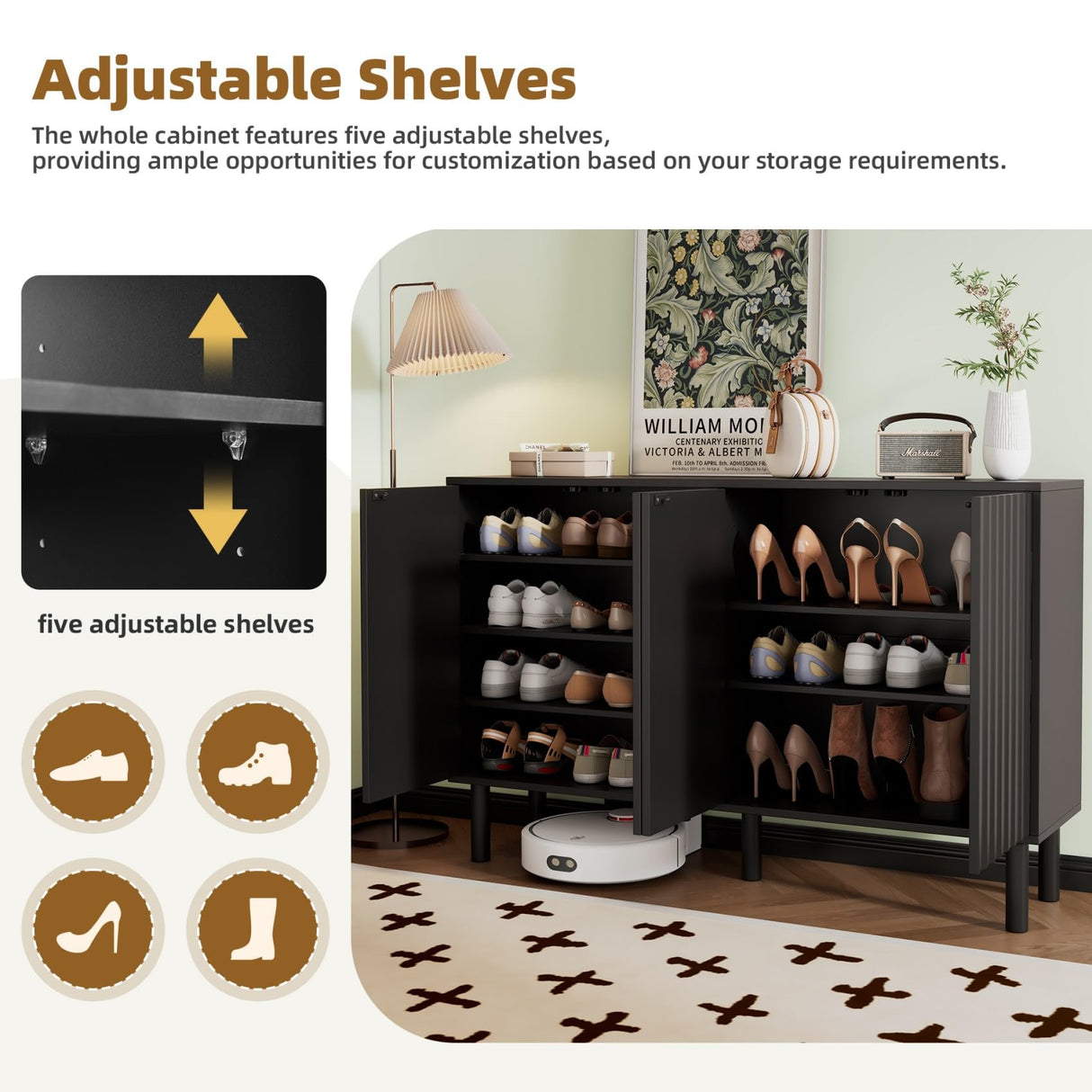 Merax 55” Shoe Cabinet Storage for Entryway with 4-Door, Freestanding Sideboard Buffet Hidden Table Organizer for Dinning Kitchen Living Room, Solid Wood Legs, Adjustable Shelves Merax