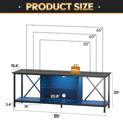 WLIVE TV Stand up to 65 Inch TV, 55" Entertainment Center with LED, Industrial TV Console with Glass Shelf for Living Room and Bedroom, Black - WoodArtSupply