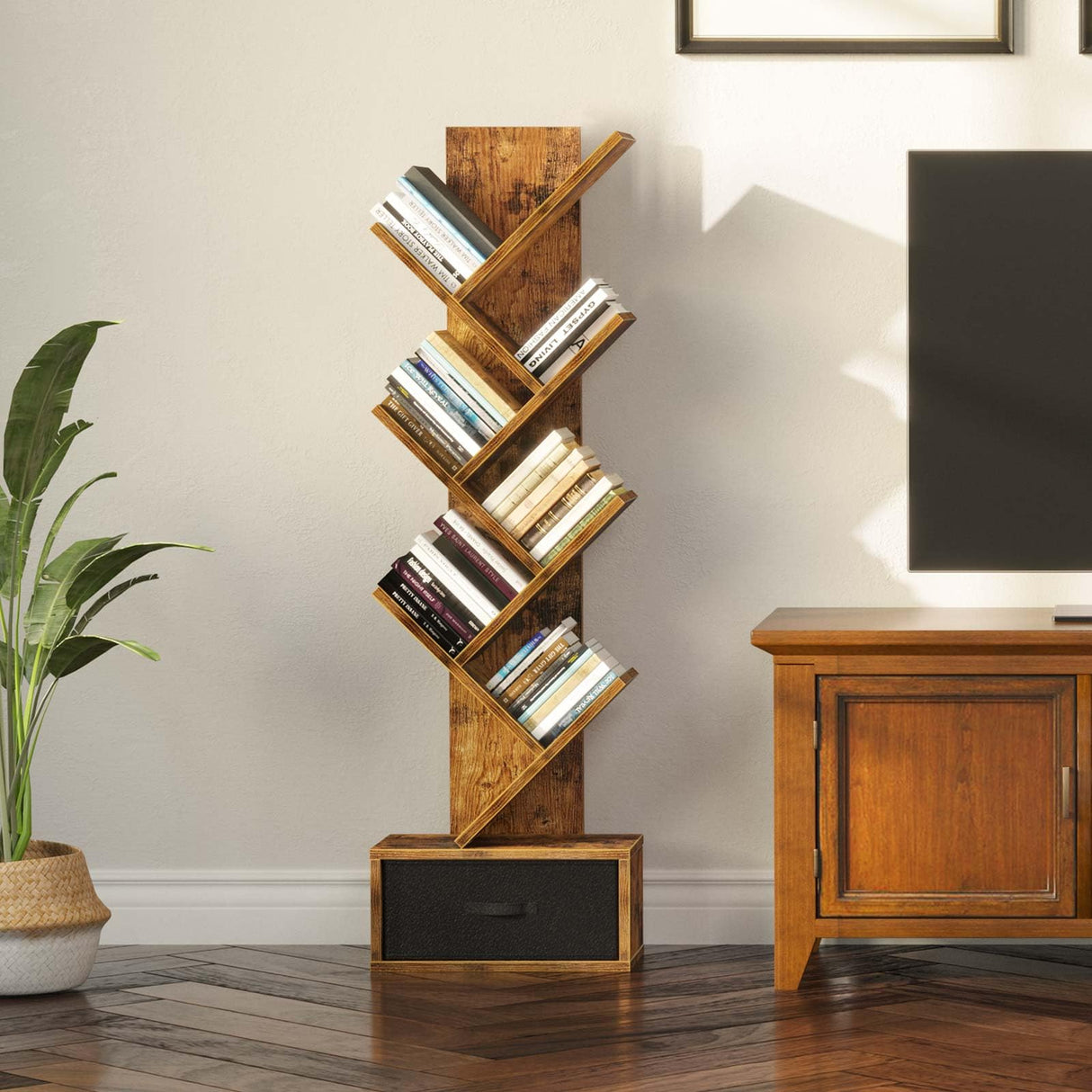 Rolanstar 7 Tier Bookshelf with Drawer, Tree Bookshelf, Small Bookshelves with Storage Rack for CDs/Movies/Books, Standing Book Shelf, Tall Narrow Bookcase for Living Room, Bedroom, Rustic Brown Rolanstar