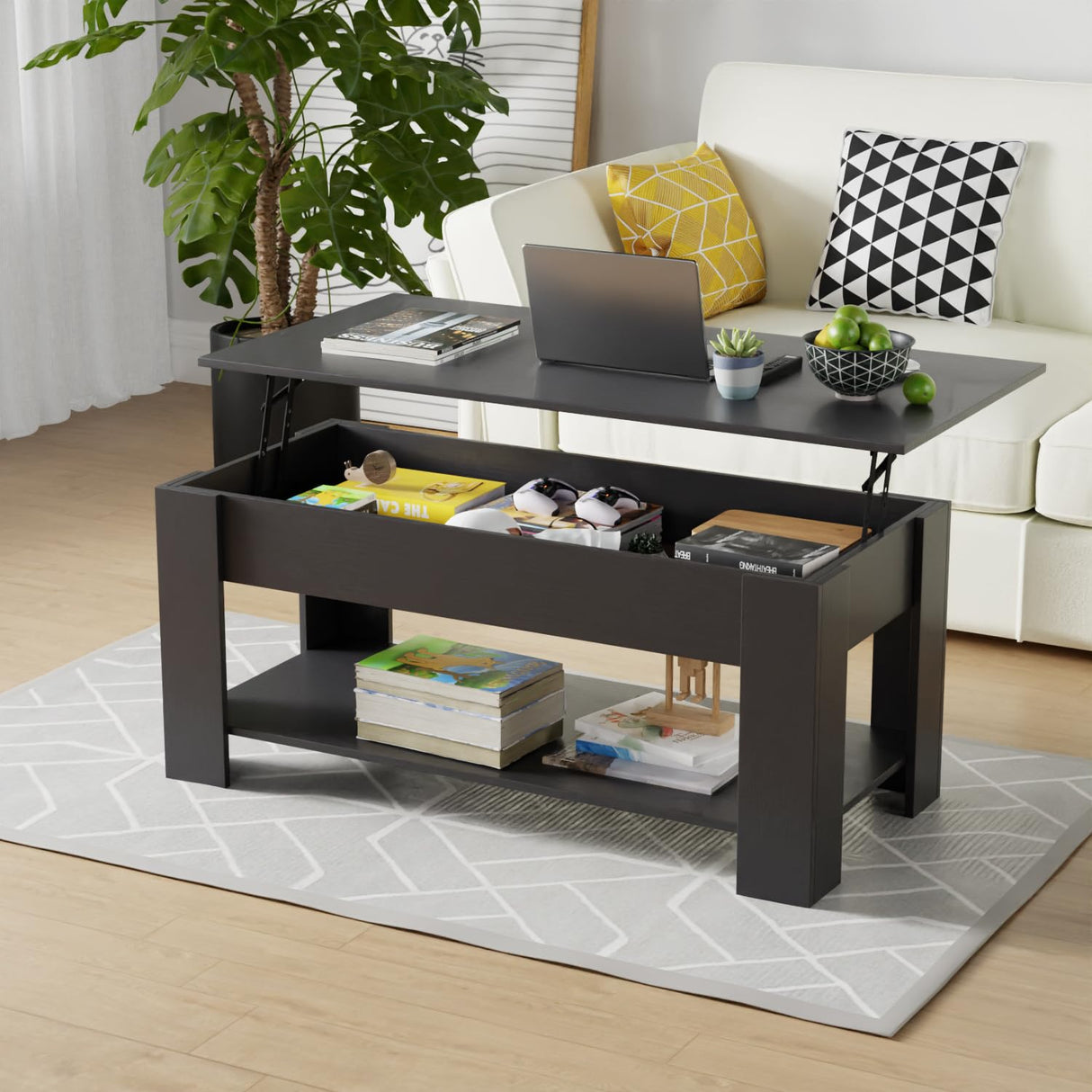 FDW Coffee Table Lift Top Coffee Table Coffee Table with Hidden Compartment and Storage Shelf for Living Room Reception Room 47.2in L,Black FDW