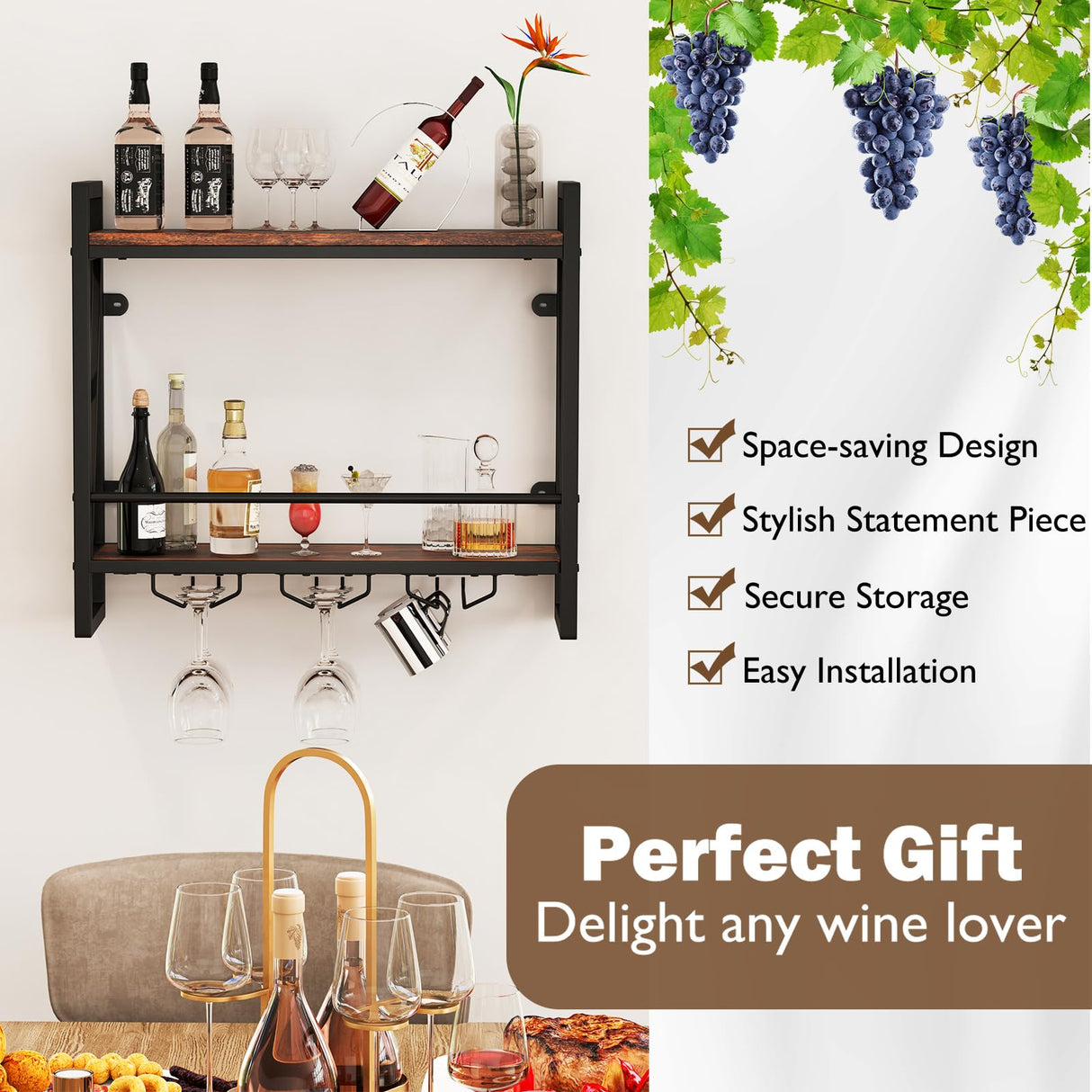 Giantex Industrial Wall Mounted Wine Rack, 2-Tier Metal Hanging Wine Bottle Glass Rack with 14-Bottle & 12-Mug Holders, Wall Wine Floating Shelves for Home Bar, Kitchen, Dining Room, Rustic Brown Giantex